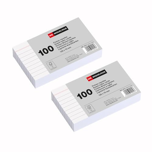 Miquelrius - Weiße Linierte Karteikarten 200 Stück, 125 x 75 mm | Weiße Flashcards 180 g/m² für Notizen, Auswendiglernen, Wiederholen und Organisation, Schule und Büro