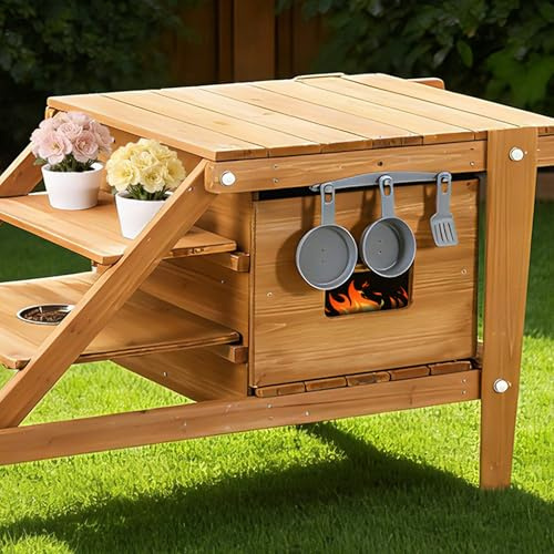REXO Cucina del fango cucina giocattolo per bambini, da esterno con ruote, incl. accessori da cucina, carrello portavivande in legno, cucina da giardino a partire dai 3 anni, colore naturale