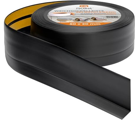 Quest Battiscopa Morbido Adesivo - 50 mm x 20 mm - Listello in PVC, Finitura Flessibile, Profilo Angolare per Cucina, Bagno, Parete, Pavimento - Decorativo (Nero, 10m)