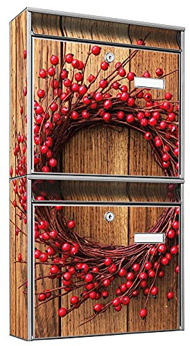 banjado Briefkastenanlage 2 Fach - 2 Briefkästen 36x64x10cm groß - Doppelbriefkasten Set - Namensschild, 2 Schlüssel, Montagematerial - Stahl verzinkt Silber - Motiv Weihnachtskranz