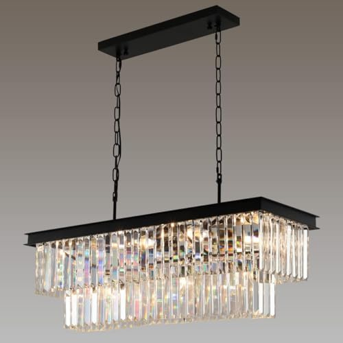 Weesalife Crystal Chandeliers for Dining Room 11-Light Black Modern Chandelier Rectangle Contemporary Pendant Light Fixture for Kitchen Island Bar L33.5 Inch