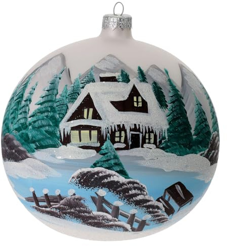 Holyart Weihnachtskugel aus Glas Grundton Perlgrau alpenländische Winterlandschaft 150 mm