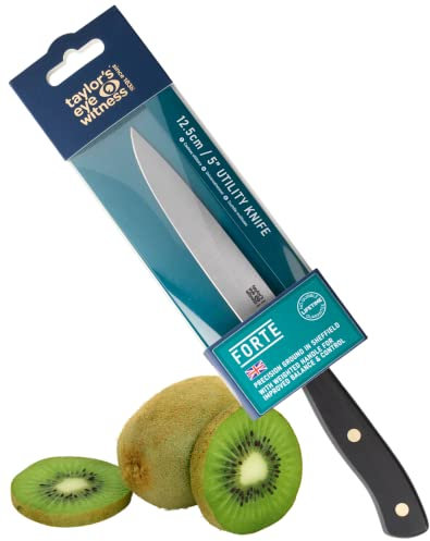 Taylors Eye Witness Forte Range 12.5cm Utility Knife, Made in England High Carbon Stainless Steel Razor Sharp, Full Tang Blade. Ergonomically Designed Hand Finished, Triple Brass Rivet Handle