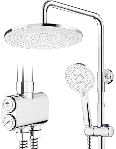 Rainsworth Colonna Doccia senza Miscelatore, Doccia a pioggia rotonda da 25 cm, Set Doccia Completo, Soffione Doccia, Altezza Regolabile Asta Doccia, Cromo