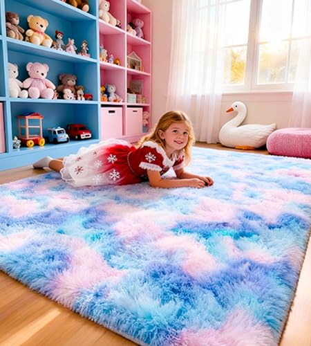 MARATIP Teppich Kinderzimmer Flur Batik Blau-Lila 80x150 cm Weich | Hochflor-Läufer, waschbar, rutschfest, flauschig. Perfekt für Diele, Eingang, Schlaf- und Kinderzimmer.