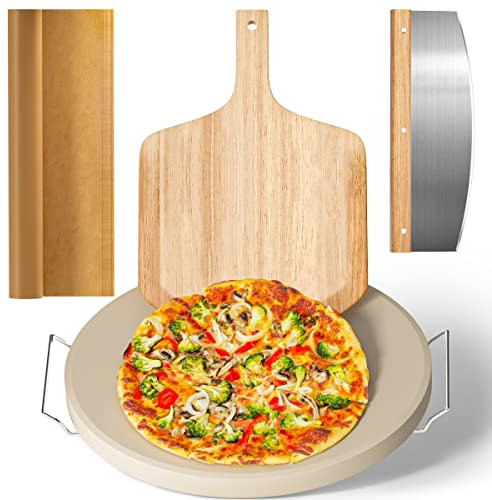5-teiliges großes Pizzastein-Set, 40,6 cm, robuster XL-Pizzastein für Ofen und Grill mit Griffgestell, Pizzaschieber (Eiche), Pizzaschneider-Wippe und Kochpapier, großer Backstein für Pizza, Brot
