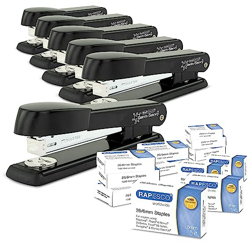 Rapesco 1733 Confección Business: 6 Grapadoras Germ-Savvy Antibacteriano Marlin, Capacidad de 25 Hojas y 12 Cajas de 1000 Grapas 26/6 mm, Negro