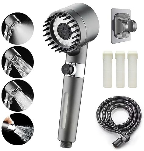 AlisaSun Soffione Doccia Anticalcare, Doccia Soffione Alta Pressione con 3 Filtro e Tubo Flessibile da 1,5 m e Supporto per Braccio Doccia