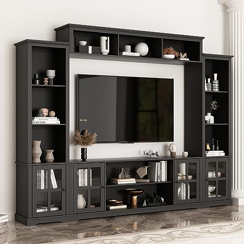 ECACAD 4-Piece Wall Unit TV Stand with Bookshelves for TVs up to 65, Modern TV Console Table Media Entertainment Center with Glass Doors & Open Shelves for Living Room, Bedroom & Home Theater, Black