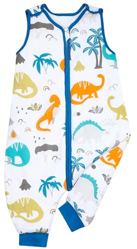 FLYISH DIRECT Saco de Dormir de 2,5 Tog con Pies, Saco de Dormir de 100% Algodón para Niños en Invierno, Saco de Dormir con Pies para Niños, Saco de Dormir sin Mangas de 2,5 Tog, Dinosaurio, XL