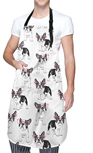 Plumon Schürze mit Cartoon-Motiv Französische Bulldogge in rosa Brille, Schürze mit Taschen, wasserdicht, Küchenschürze für Damen und Herren, Schwarz , One size