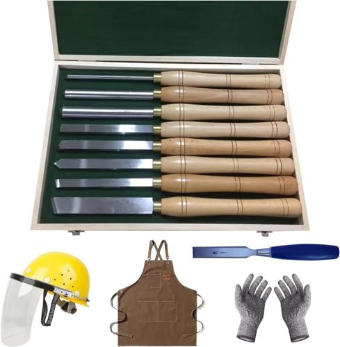 Lathe Chisel Set 8 Piece Set Lathe Chisel Steel Blades Wood Turning Tools ​for Wood Carving Root Carving Lathes, Including Protective Helmets, Aprons, Gloves