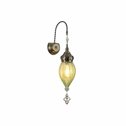 TEKLED Moroccan Style Antique Brass Glass Oriental Wall Light | E27 Bulb Base | for Bedrooms Living Rooms Dining Halls Hallways Porches Lobbies Cafes Restaurants | Green (Bulb not Included)
