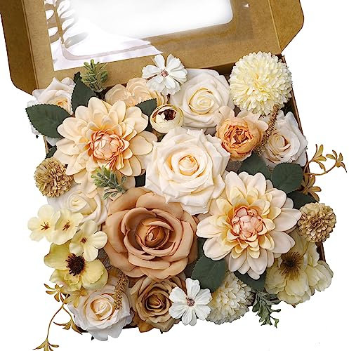 Artificial Flowers Combo, Mix Silk Flowers Dahlia Roses, Faux Flower Head with Stems, Fake Flowers Roes Combo, Fake Cake Combo Box Flower for DIY Wedding Bouquets Bridal Centerpieces Party (Champagne)
