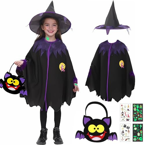Cape d'Halloween pour enfants et filles - Costume de sorcière pour fille - Avec sacs d'Halloween DIY - Cape de sorcière pour enfants et filles - Avec chapeau de sorcière - Pour carnaval, fête de 3 à