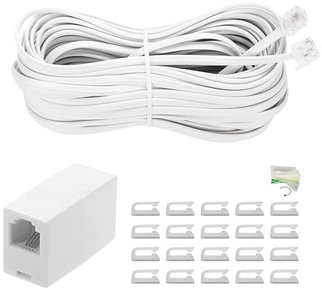 MAOZHOU Telephone Extension Cord,10 m RJ11 6P4C Telephone Connection Cable + Coupler + 20 Cable Clip,Straight Telephone Extension Line for Landline Home and Office Fax Modem Extender - White