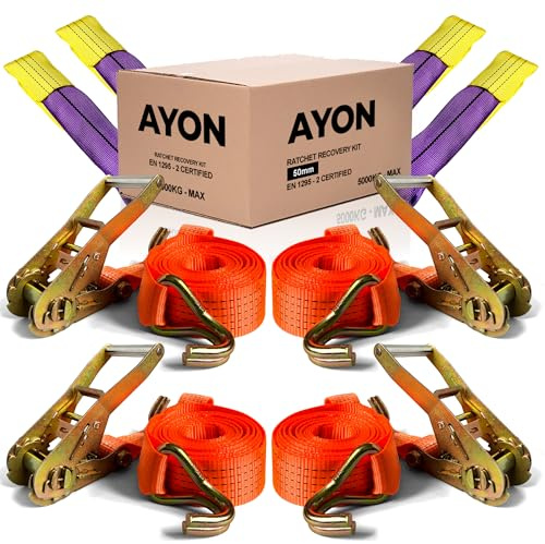 AYON® 5000kg Heavy-Duty Ratchet Straps – Set of 4 Tie Down Recovery Straps for Car Transport, Trailers & Off-Road Use – EN 12195-2 Certified