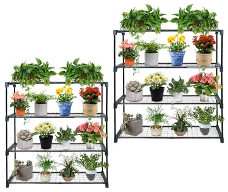 Deejaah Pack of 2 Greenhouse Staging and Shelving 105Hcm x 90W x 28D Cm - 4 Tier Plants Rack Free Standing, Space Saving, Powder-Coated Steel, Outdoor Shelving Unit For Garden, Balconies, Patio