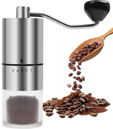 Matrjestice Macinacaffè manuale con macina in ceramica per espresso, caffettiera francese, 5 impostazioni regolabili, per uso domestico e campeggio, viaggi, macinacaffè con manovella (argento)