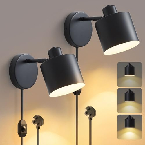 Glowlit Plug in Wall Lights for Bedroom Set of 2, Plug in Wall Lamp with Switch Dimmable, 360° Rotatable Wall Lighting Fixtures for Living Room Hallway, E27 Base, 1.8m Cable, Black (Bulb Not Included)