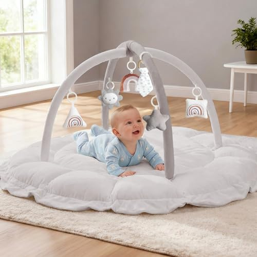 Mallify 5-in-1-Wandelbares Spielbogen Baby mit 6 Spielzeug, Spieldecke mit Bogen & Bällebad, Baby Spielbogen 0-6 Monate, weiche Krabbelmatte Spielmatte, Baby Gym Play Mat für Mädchen, Grau