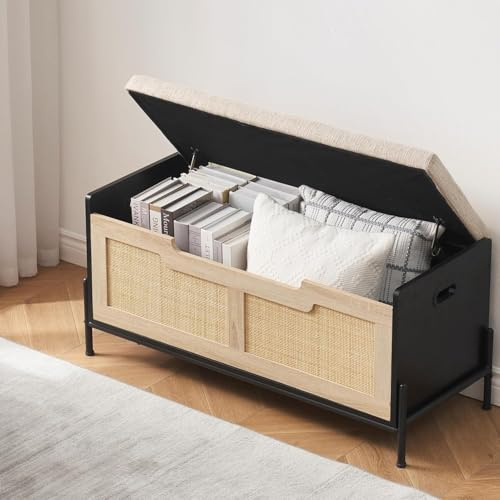 Garvee Banc à chaussures en rotin avec coussin - Coffre de rangement avec espace de rangement - Pour couloir, chambre à coucher, salon - 100 x 40 x 46 cm - Noir