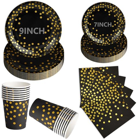 100Pcs Black and Gold Paper Plates, Disposable Party Plates Cups and Napkins, 9 and 7 Strong Paper Plate, Party Tableware Set for Birthday Bridal Shower Wedding Table Decorations