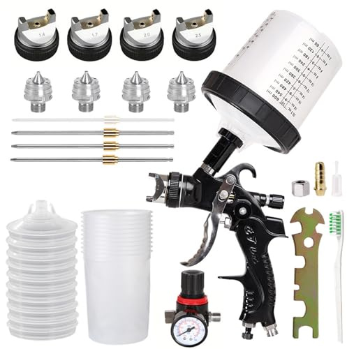 Pistola per Verniciare Pneumatica con 10 Tazze Colorate - Pistola a Spruzzo per Verniciare per Carrozzeria Auto, Kit Completo con 4 Ugelli (1.4/1.7/2.0/2.5mm) e Manometro (Nero)​