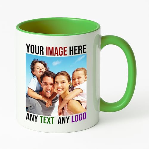 PrintWink Personalised Mug | Coloured Custom Coffee Cup with Photo & Text | Coloured Handle and Inner Mugs for Tea & Hot Chocolate | Unique Gift for Men & Women | Green