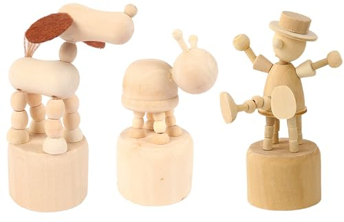 SEABABOO Träfigurer, spelfigurer trä, träfigur, dockor, träkoner figur för gör-det-själv-målning, pyssel, roliga skrivbordsornament, 3 stycken, valp, sköldpadda, trä man (smådjur)