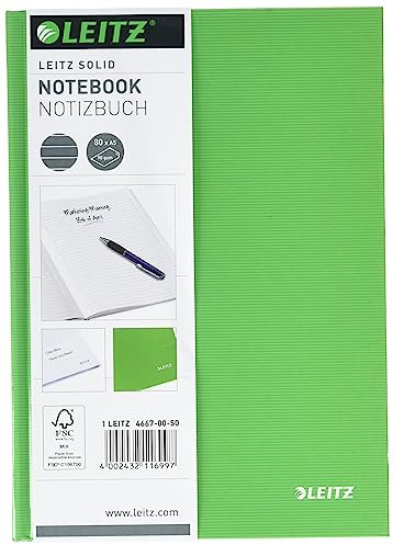 Leitz A5 Notizbuch liniert, 160 Seiten, 80 Blatt FSC zertifiziertes 80 g/m² Papier, Stabiler, kratzfester Hardcover-Einband, Für Büro, Schule oder als Tagebuch, Solid Serie, Hellgrün, 46670050