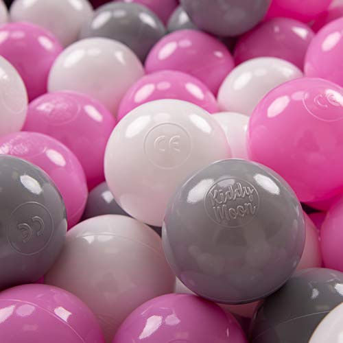 KiddyMoon 200 Ø 7 cm barnbollar lekbollar för bollbad baby plastbollar tillverkade i EU, grå/vit/rosa