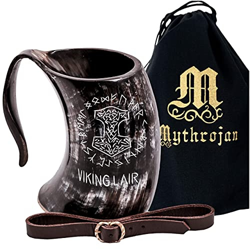 Mythorjan Viking Drinking Horn Mug 100% Natural Ox Horn Tankard Cup with Leather Holster & Canvas Bag Cool Unique Gifts for Men Medieval Home Decor Renaissance Accessories - 20 Oz / 600 ML