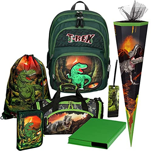 Primus-Versand T-REX - Dinosaurier - SPIRIT Soft 3D - Schulranzen-Set 7 tlg. mit FEDERMAPPE, SPORTTASCHE und SCHULTÜTE - HEFTBOX und LESEZEICHEN GRATIS