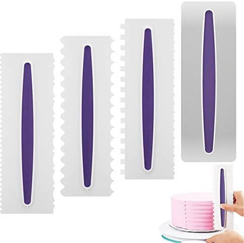 Tortenspachtel Icing Glätter Kuchenschaber 1 Edelstahl + 3 Plastik Ice Smoother Buttercreme Glätter Cake Scraper Set DIY Backwerkzeug Fondant Kuchen Dekorieren Kamm