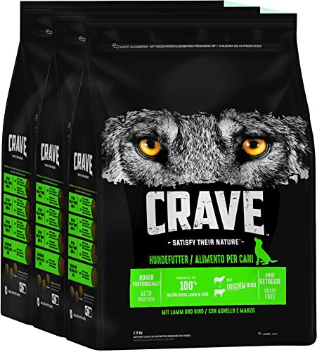 Crave Premium Trockenfutter mit Lamm & Rind für Hunde – Getreidefreies Adult Hundefutter mit hohem Proteingehalt – 3 x 2,8 kg