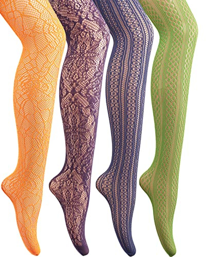 DIAOKANAI Patterned Fishnet Tights for Women, St Patricks Day Fish Net Stocking Green Purple Blue Orange Lace Pantyhose, 4 Pack