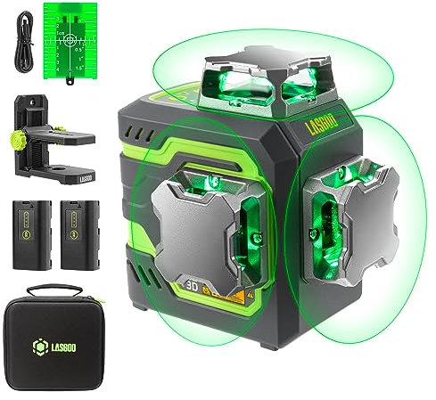 LasGoo LG-3D Laser Level Self Leveling 3x360°, 3D Green Beam Cross Line Laser for Construction and Picture Hanging, 2 Rechargeable Batteries (20 Hrs), Magnetic Liftable Stand Included, Green
