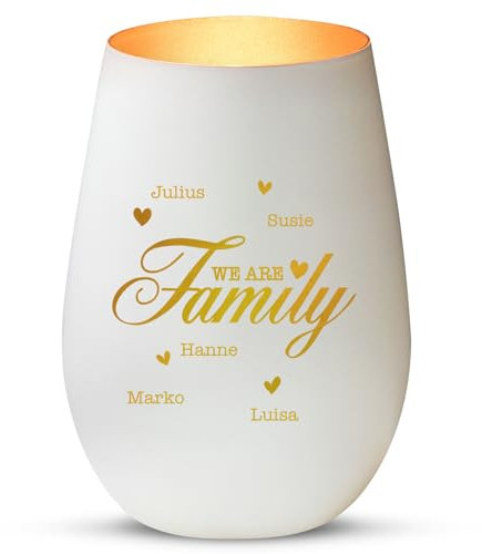 Love Faith We Are Family Windlicht Weiß/Gold - Personalisiertes Glas-Windlicht für Teelichter mit Namen-Gravur - Geschenk für Eltern & Großeltern