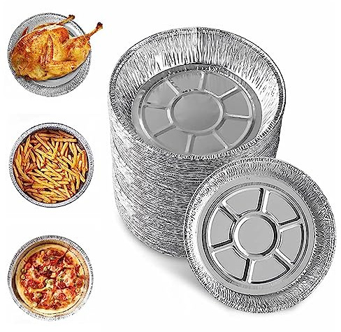 Jsleid 50 stycken runda former aluminiumskålar 20 cm, kakformar av aluminiumfoliestekpannor, runda aluminiumskålar utan lock, vatten- och oljebeständig för bakning, ångning, matlagning, förvaring