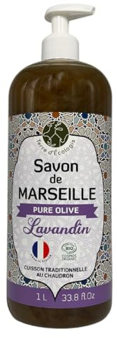 Savon de Marseille Liquide Lavandin – 1L – Pure Olive Bio – 100% Origine Naturelle – Sans Huile de Palme – Sans Colorant – Peaux Sensibles – Visage, Mains et Corps – Made in France