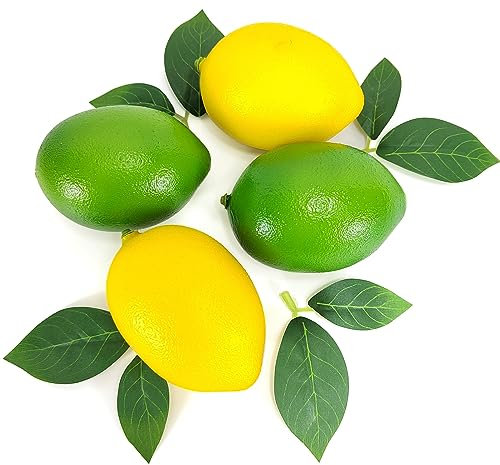 Zitronen deko und Limes Realistische, 4teilige gefälschte Zitronen und 4teiligen künstlichen Zitronenblättern Simulations-Frucht-lebensechte Zitronen-Dekor Wohnküche Anzeige(Gelbe und grüne Zitronen)