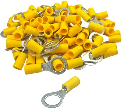 100 Pack of Yellow - 10.5mm (3/8) - Ring Terminals - Insulated Electrical Crimp Terminal Wire Connector