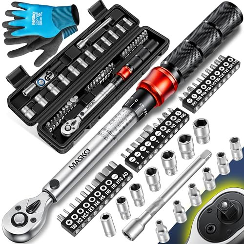 MASKO® Drehmomentschlüssel 45-tlg. Set Auto, Fahrrad & Motorrad 1/4 Zoll 5-25Nm inkl. Handschuhe, Magnetische Zündkerzenhülse Stecknüsse mit Verlängerungsstange 100mm +/- 4% Toleranz Reifenschlüsse