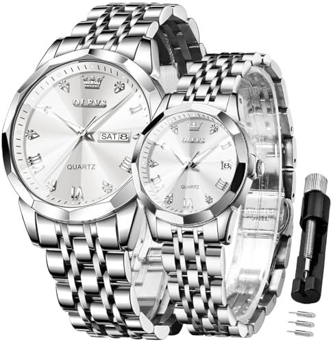 OLEVS Valentines Paar Quarzuhren mit leuchtendem Kalender, Datumsfenster, 3 ATM wasserdicht, lässige Edelstahl-Armbanduhr für Damen und Herren, Liebhaber, Hochzeit, romantisches Geschenk, 2 Stück,
