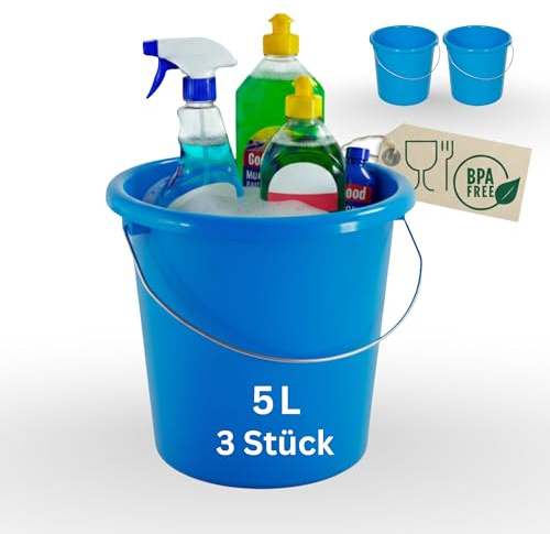 Novaliv 3 Stück Eimer 5L Blau mit Maßeinteilung - Putzeimer 5 Liter ? 22,5 cm Praktischer Allrounder mit Skala für Haushalt & Garten ideal als Haushaltseimer, Wassereimer, Wischeimer, Bucket