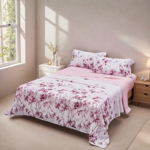 Etrexonline Juego de Sábanas 4 Piezas Cama 135 cm - Microfibra Ultra Suave Incluye 1 Bajera Ajustable 135x200+28 cm, 1 Encimera 210x270 cm, y 2 Fundas de Almohada 50x75 cm - Color Flor Rosa