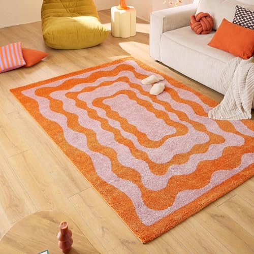 Nazar Tapis Groovy, Coloré, Vintage, Rétro, Géométrique, Orange, Jaune, Rose, Rouge, Moelleux et Confortable, Tapis Salon