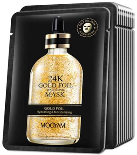 Mascarilla Facial Oro 24 K (10 ud) con Ácido Hialurónico Antiarrugas (28ml), Cuidado De La Piel & Hidratante Vegana Skincare - Fórmulas Coreanas con ingredientes activos, Mascarilla Facial Mujer.
