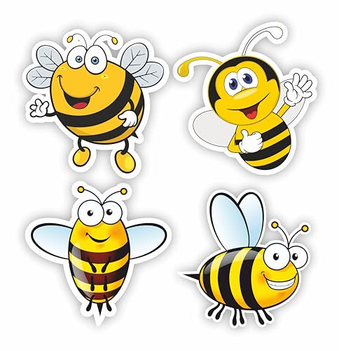INKati Happy Bee Collection - 4-Pack of Exclusive Large Vinyl Sticker Decals for Luggage, Car Bumpers and Laptops - Durable and Weatherproof Gloss Finish with Removable Adhesive (Mixed Designs 4-Pack)